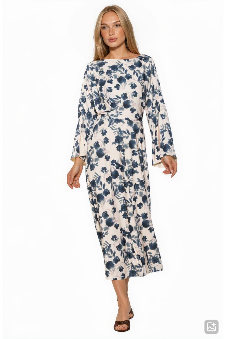Cleo Boat Neck Trumpet Sleeve Midi Dress, Alternate, color, IVORY WATERCOLOR