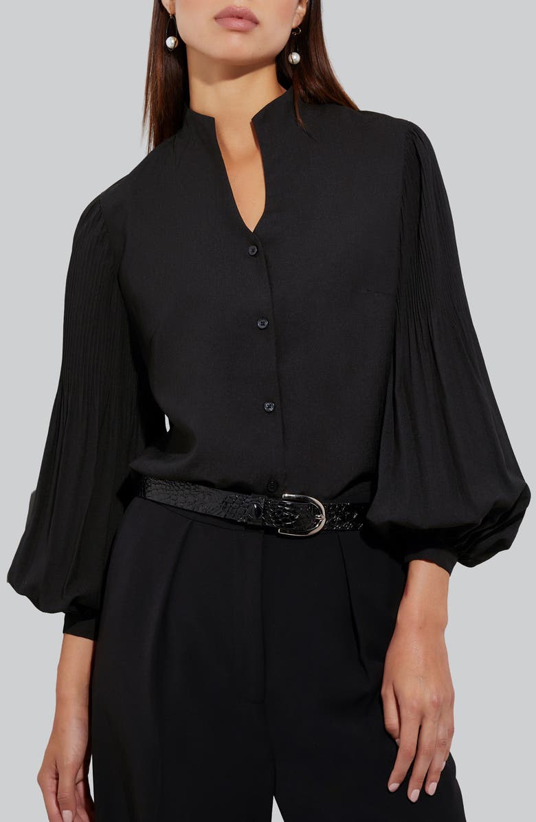 Misook Balloon Sleeve Stand Collar Button-Up Shirt, Main, color, 