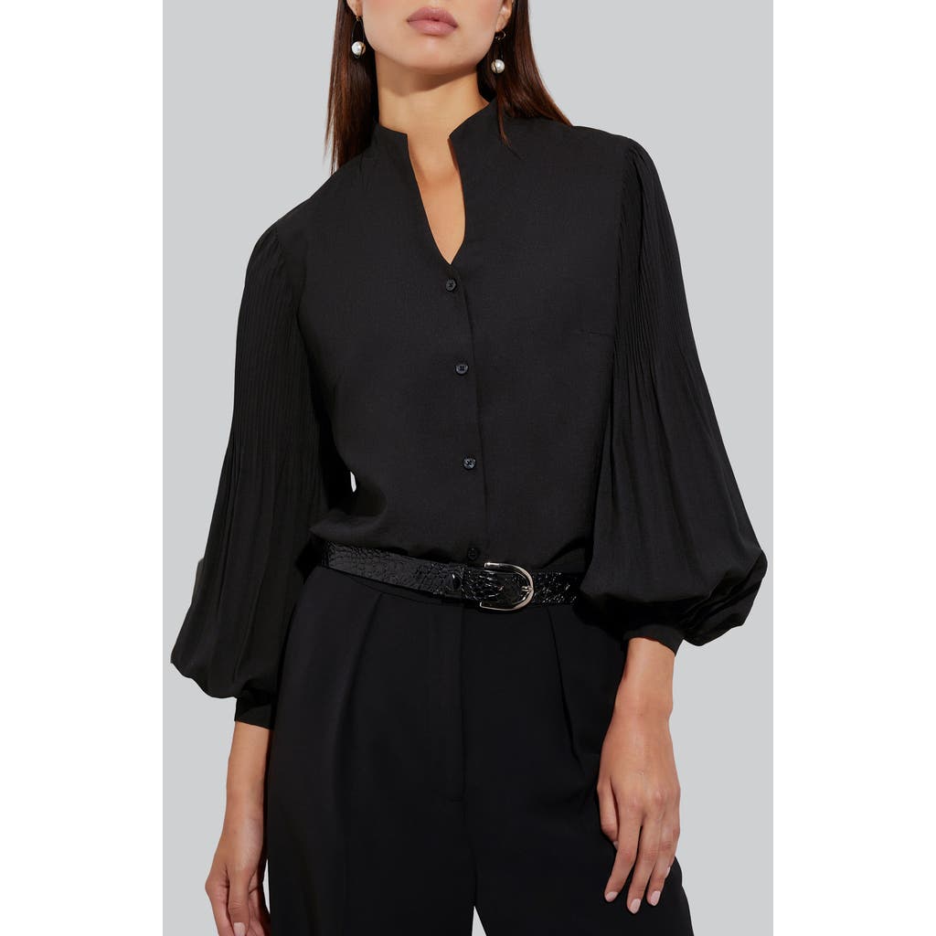Misook Balloon Sleeve Stand Collar Button-up Shirt In Black