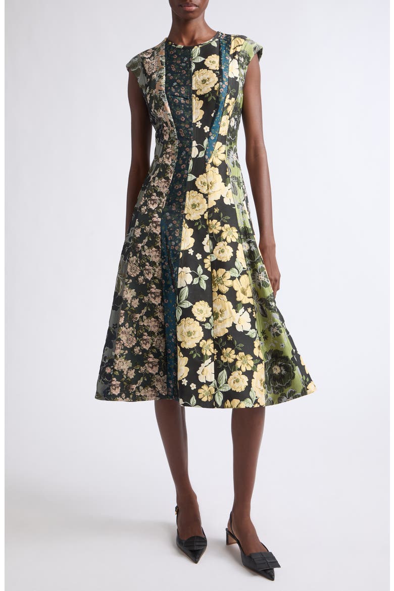 Mixed Floral Jacquard Dress, Main, color, BLACK / YELLOW MULTI