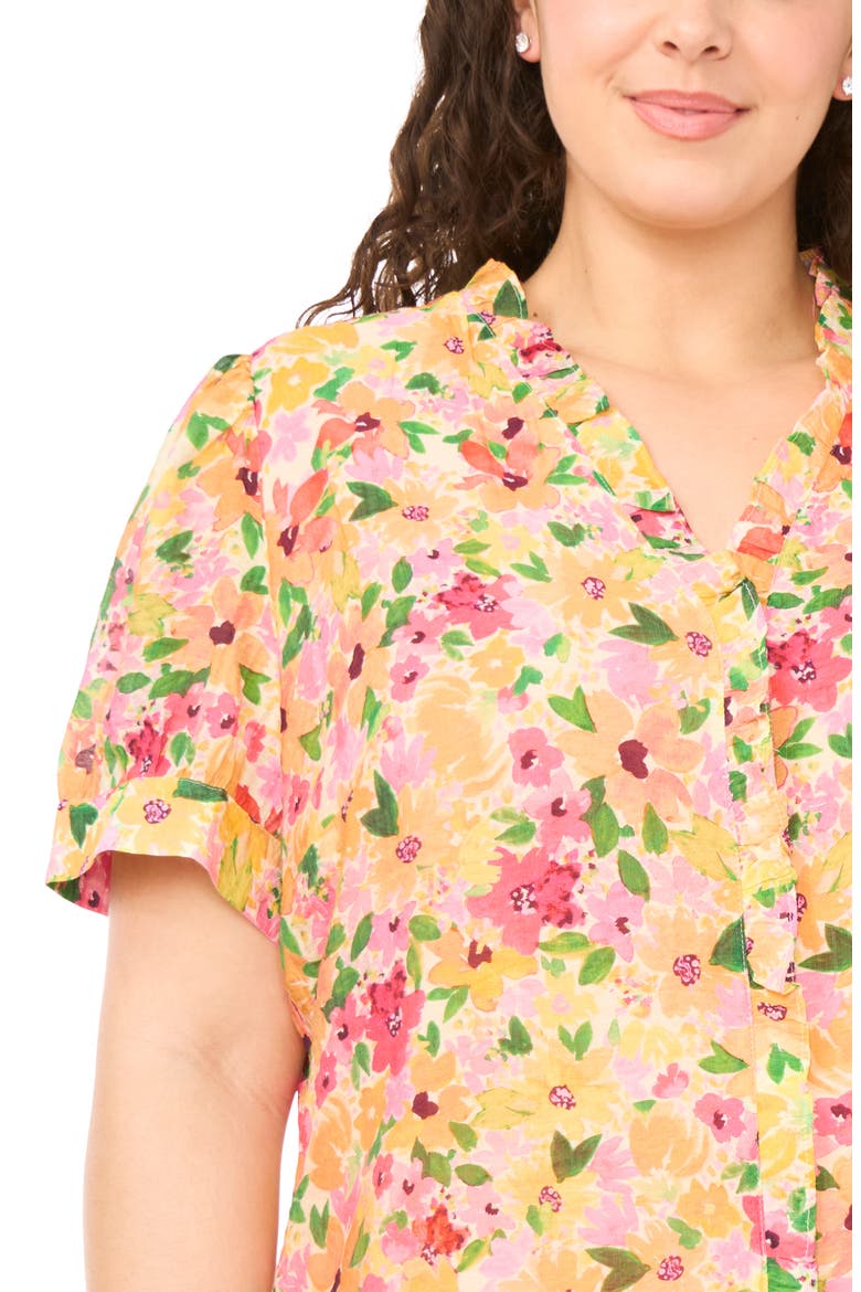 Floral Ruffle Placket Button-Up Top, Alternate, color, CLARET RED