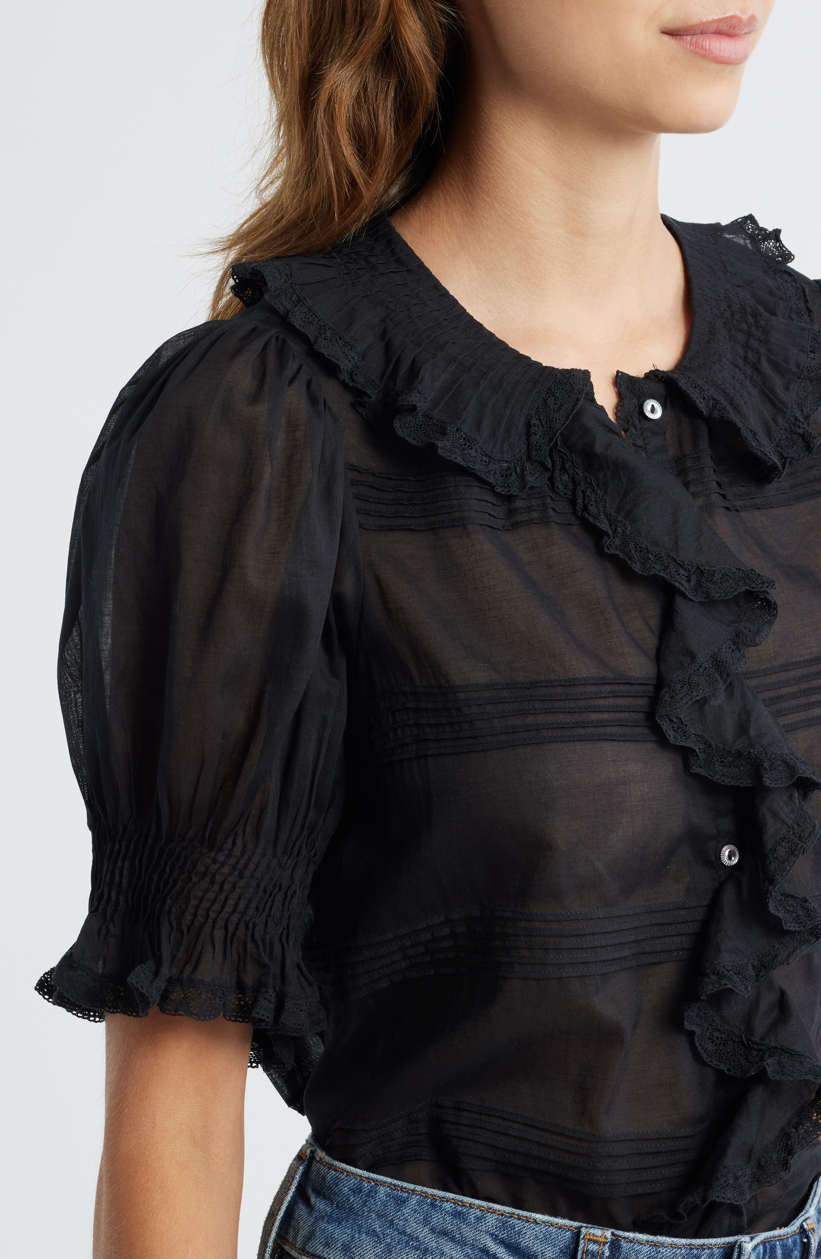 DÔEN Balsam Pintuck Ruffle Organic Cotton Button-Up Top (Women 