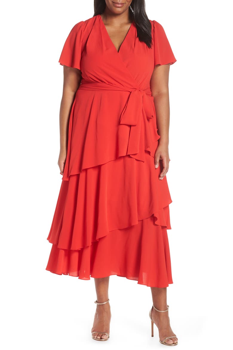 Tiered Faux Wrap Crepe Dress, Main, color, TOMATO