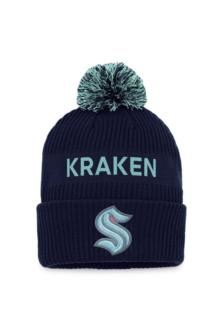 Men's Fanatics Branded Deep Sea Blue/Light Blue Seattle Kraken 2022 NHL Draft Authentic Pro Cuffed Knit Hat with Pom, Main, color, Navy