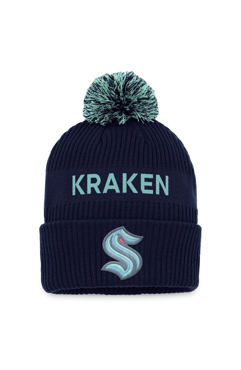 FANATICS Men's Fanatics Branded Deep Sea Blue/Light Blue Seattle Kraken 2022 NHL Draft Authentic Pro Cuffed Knit Hat with Pom, Main, color, Navy