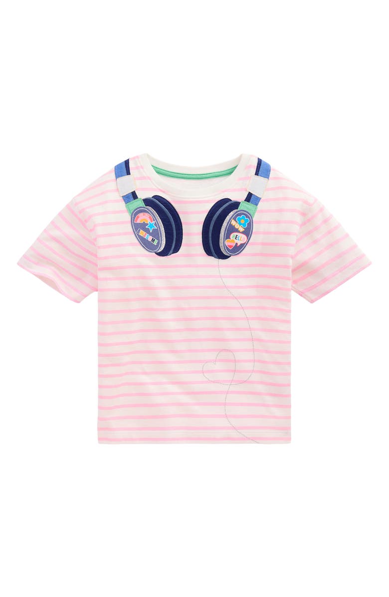Mini Boden Kids' Stripe Headphones Appliqué Relaxed Cotton T-Shirt, Main, color, Formica Pink/ Ivory Headphones