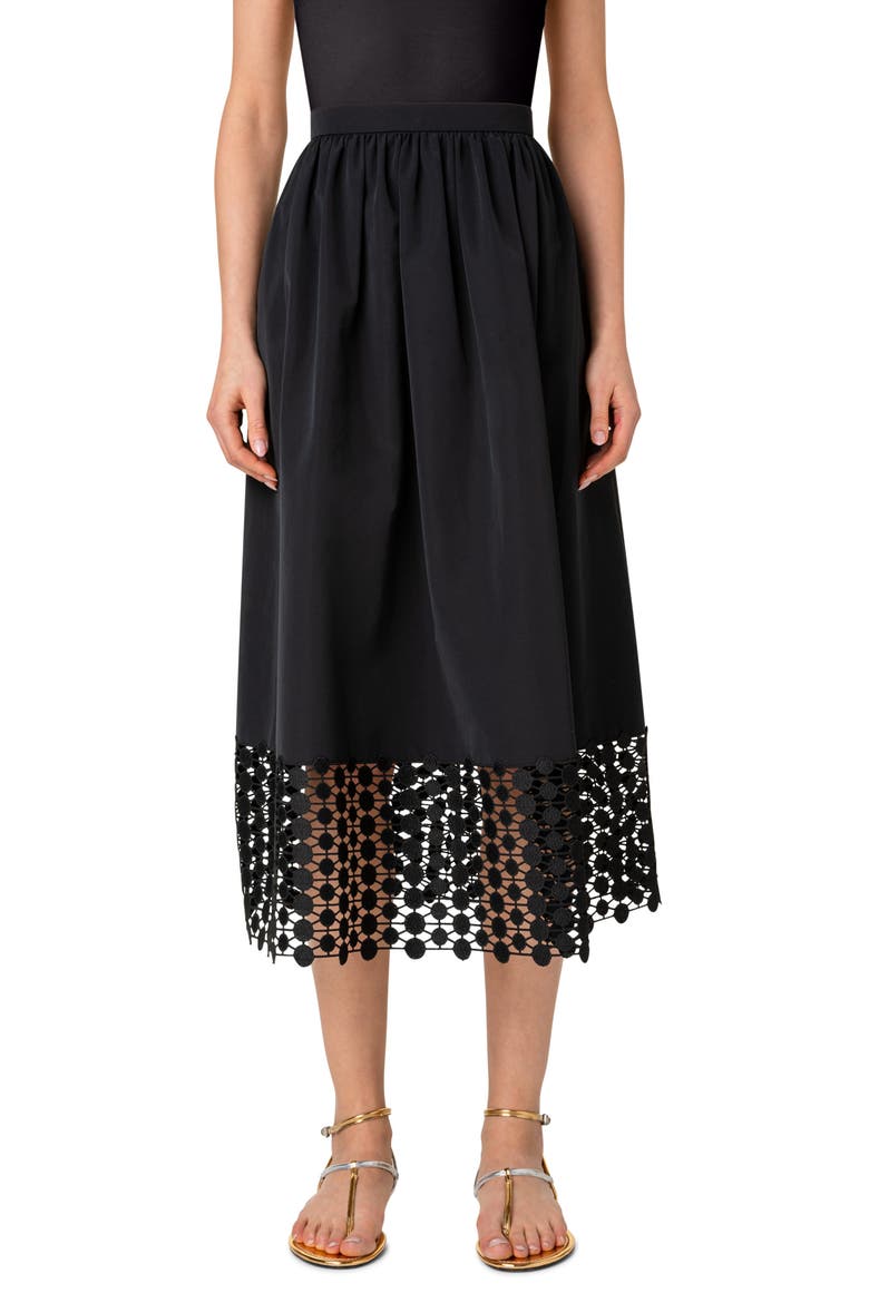 Dot Guipure Lace Hem Taffeta Midi Skirt, Main, color, 009 BLACK