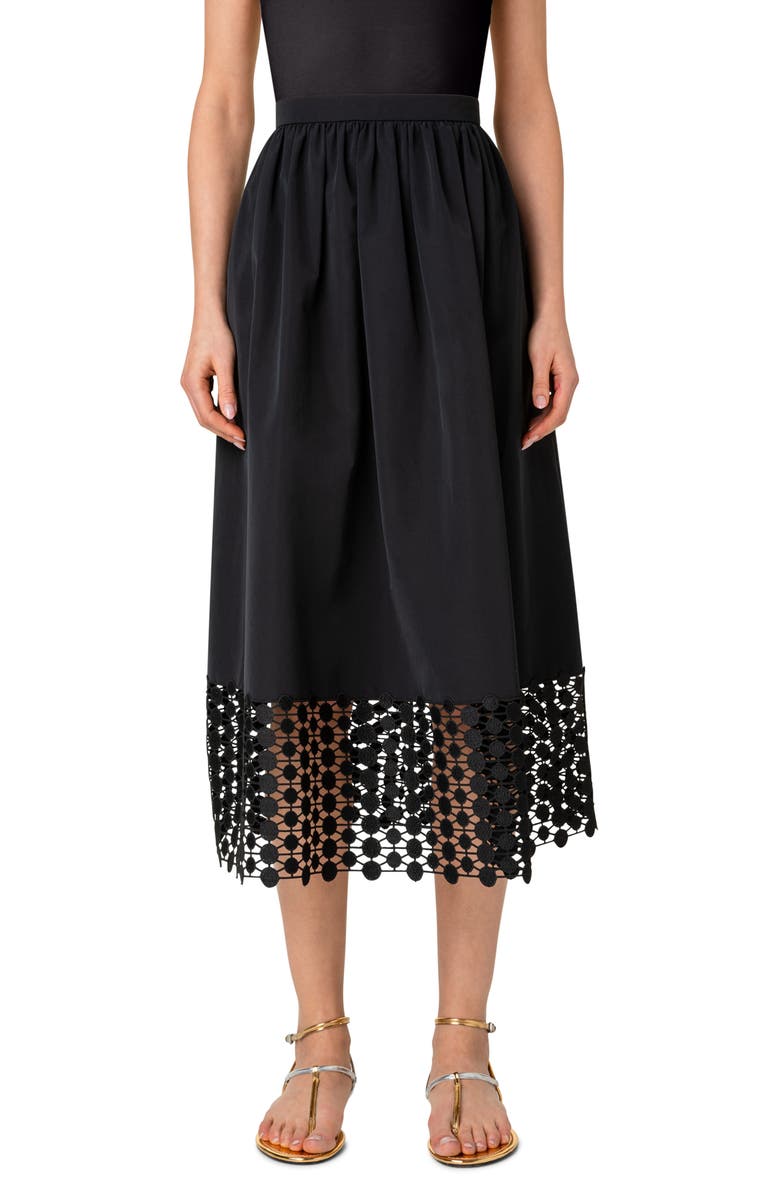 Akris punto Dot Guipure Lace Hem Taffeta Midi Skirt, Main, color, 