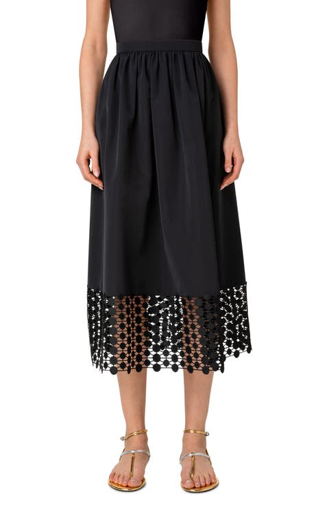 Dot Guipure Lace Hem Taffeta Midi Skirt