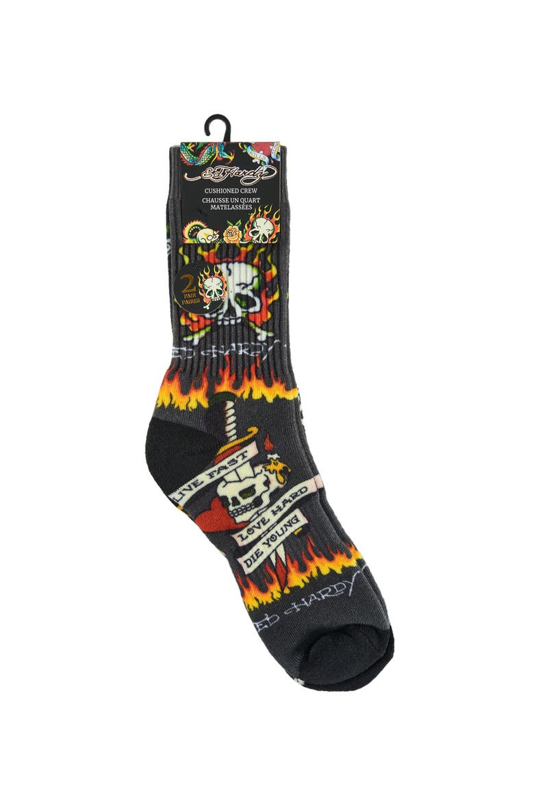 Flaming Skull 360 Print Full Cushion Crew Sock 2-Pack, Alternate, color, Grey
