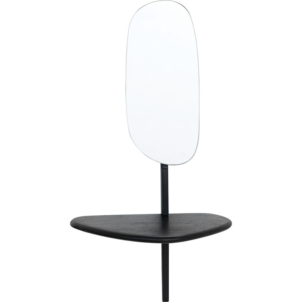 Storied Home 15 Inches Mango Wood and Metal Organic Shaped Wall Mirror with Shelf in Black  product
