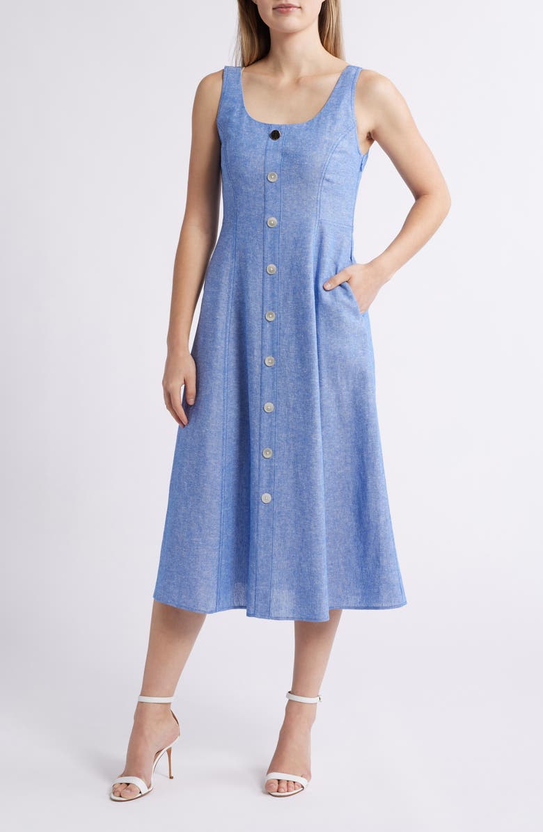 Anne Klein Button Detail Linen Blend Tank Dress, Main, color, 