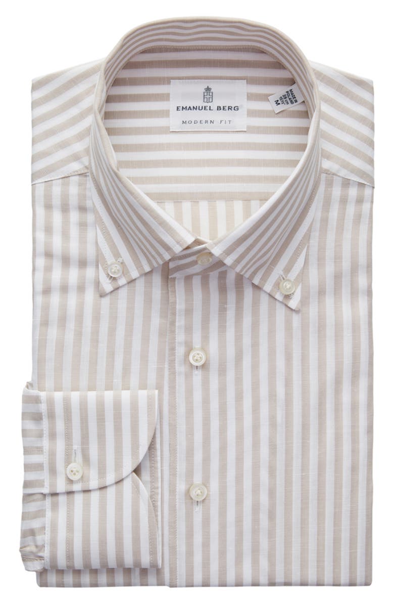 Emanuel Berg Sartorial Stripe Cotton & Linen Dress Shirt, Alternate, color, Light Pastel Brown