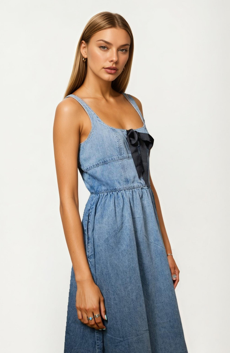 Knit and Lounge Square Neckline Contrast Bow Denim Midi Dress, Alternate, color, 