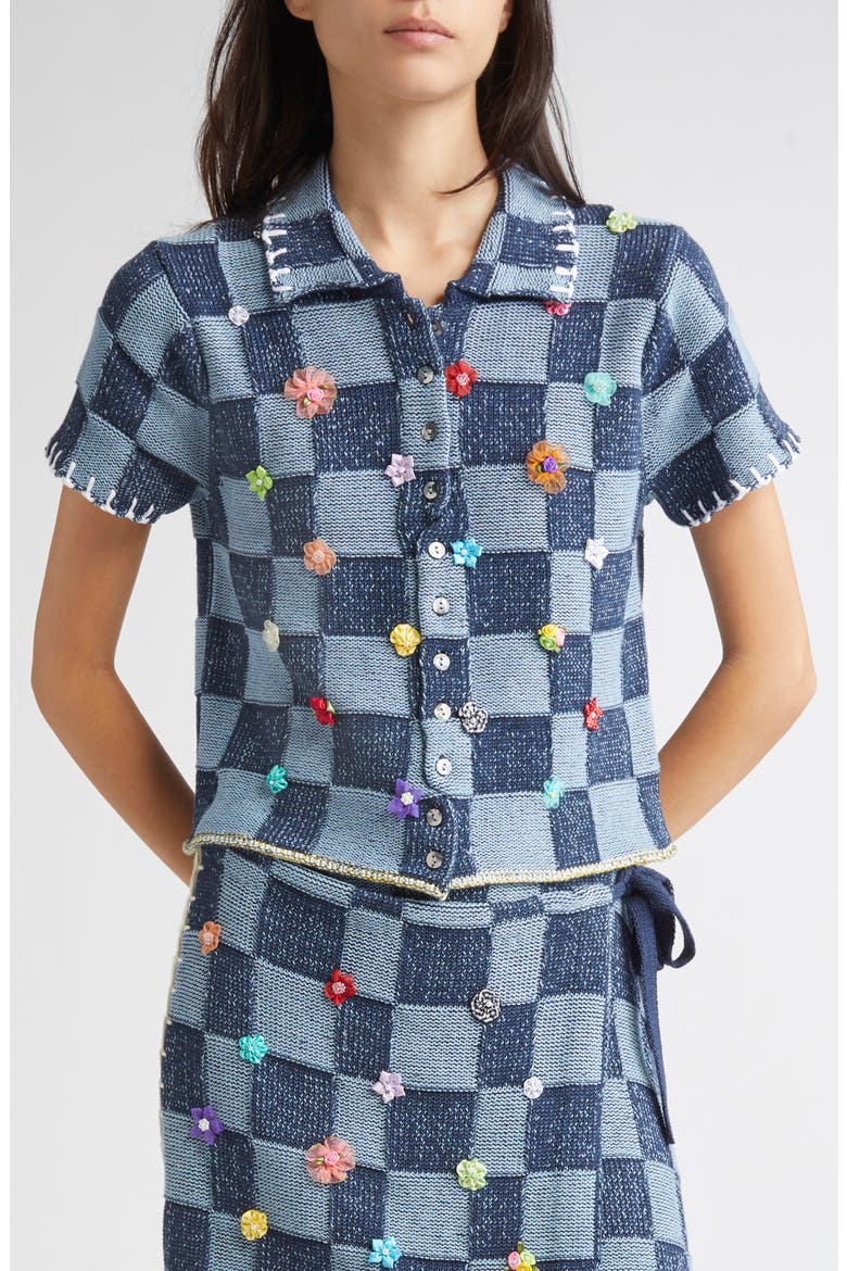 Floral Ribbon Checkerboard Cardigan, Main, color, DENIM