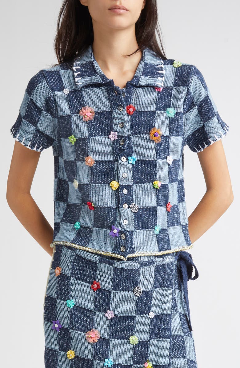 YanYan Floral Ribbon Checkerboard Cardigan, Main, color, Denim