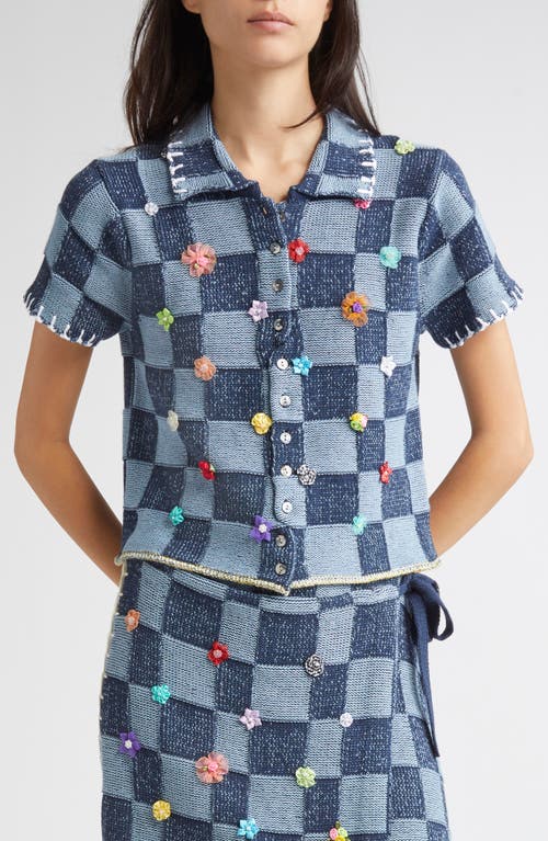 YanYan Floral Ribbon Checkerboard Cardigan in Denim 