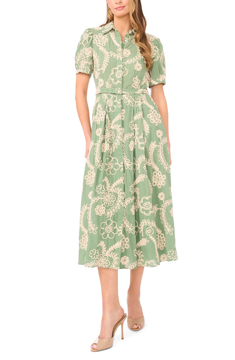Ted Baker Camile Embroidered Tie Waist Midi Shirtdress, Main, color, Shale Green