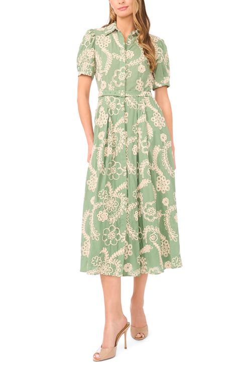 Camile Embroidered Tie Waist Midi Shirtdress