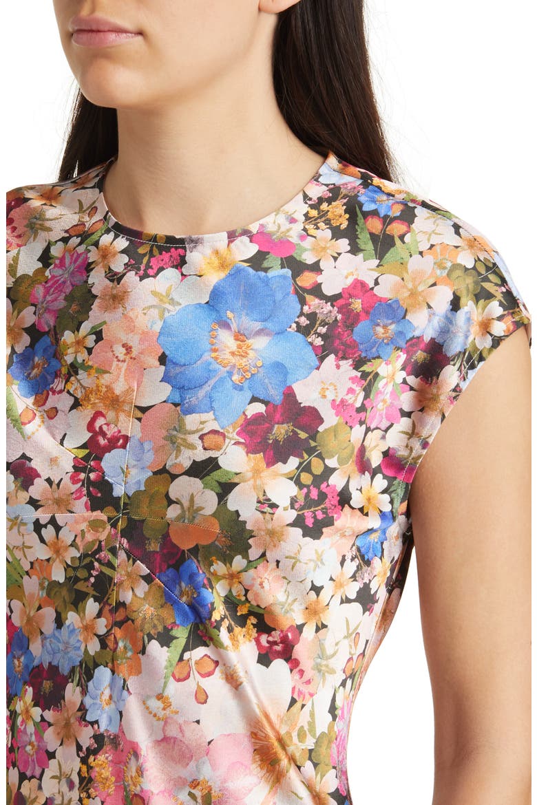 Slanno Floral Asymmetric Hem Midi Dress, Alternate, color, BLACK