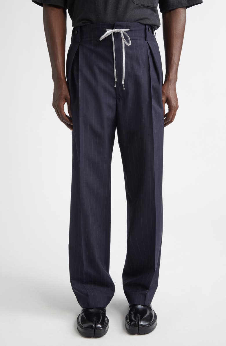 Maison Margiela Pleated Pinstripe Drawstring Waist Pants, Main, color, Blue