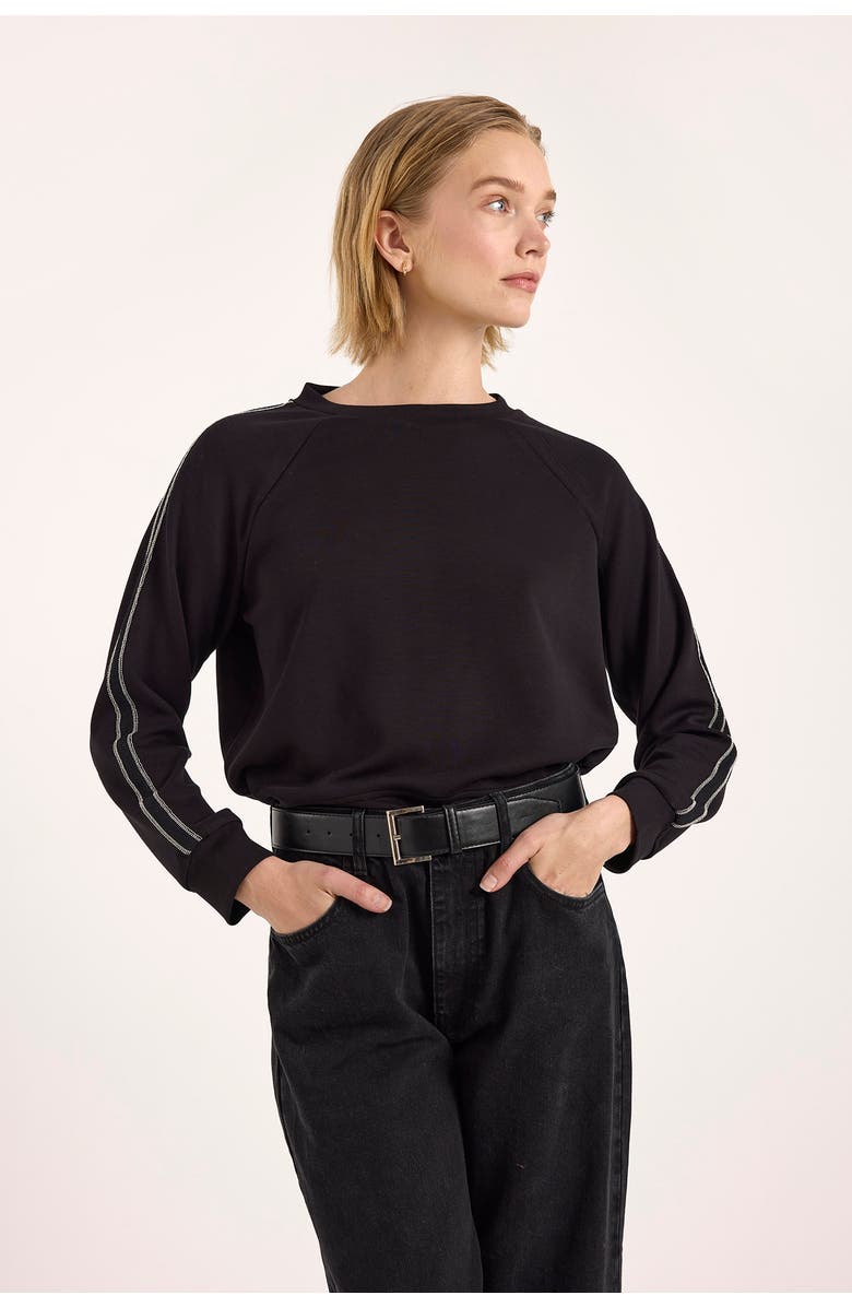 Brodie Pure Cashmere Bead Trim Jersey Crew Neck Sweatshirt, Main, color, Black