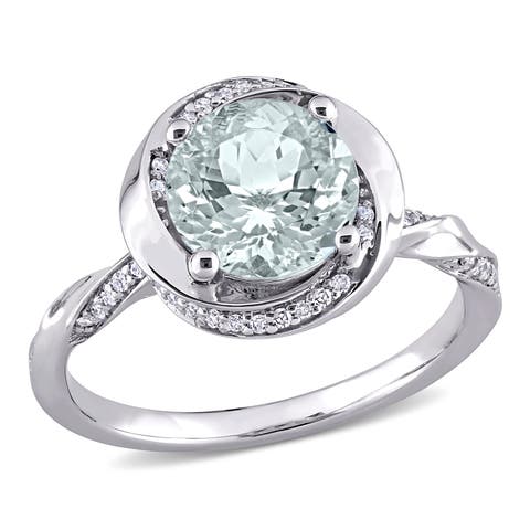 Aquamarine & Diamond Swirl Halo Ring 10k