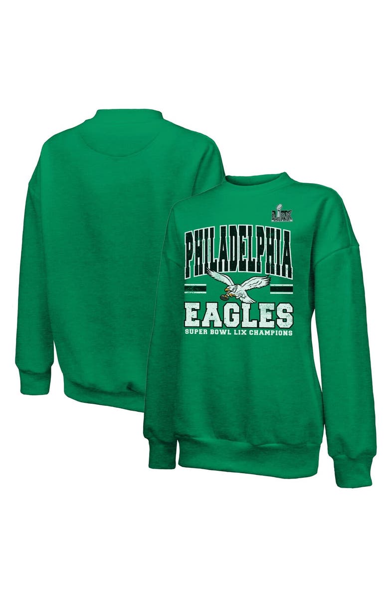 Majestic Threads Women's Majestic Threads  Kelly Green Philadelphia Eagles Super Bowl LIX Champions Big Chalk Stripe Retro Tri-Blend Fleece Sweatshirt, Main, color, 