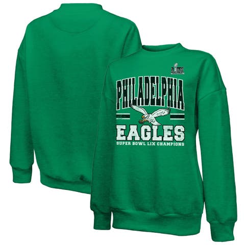 Women's Majestic Threads  Kelly Green Philadelphia Eagles Super Bowl LIX Champions Big Chalk Stripe Retro Tri-Blend Fleece Sweatshirt