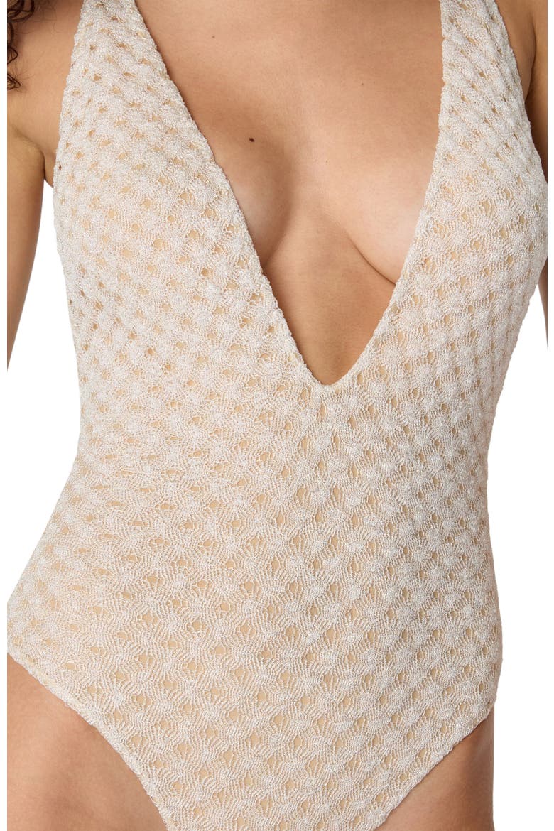 One-piece Swimsuit In Lamé Viscose With Raschel Workmanship, Alternate, color, White