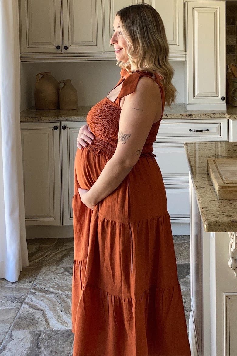 Bow Strap Tiered Midi Dress, Alternate, color, Rust