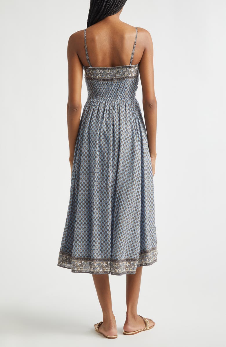 Veronica Beard Lana Ruched Medallion & Paisley Print Midi Dress, Alternate, color, Blue Jay Multi