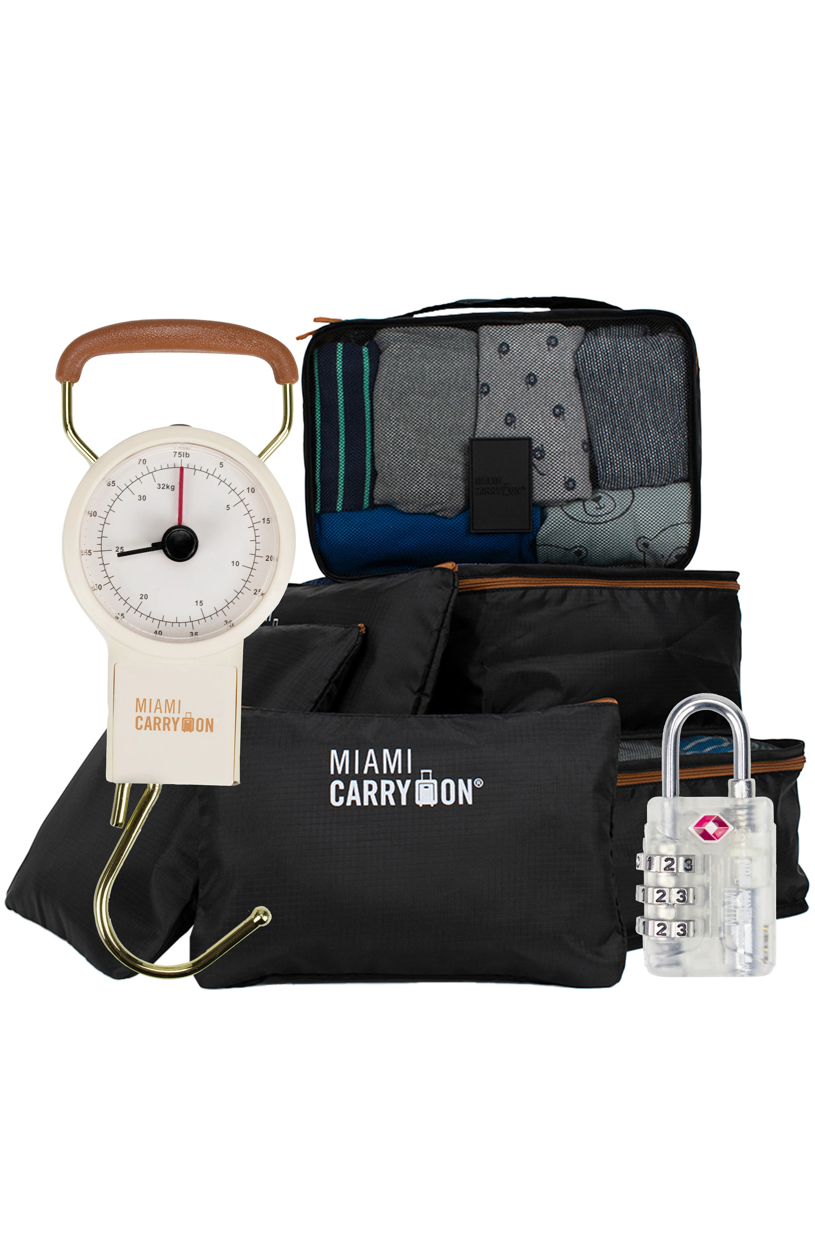 Miami Carry On Essential Organizational 8 Piece Travel Kit in Black+Beige 