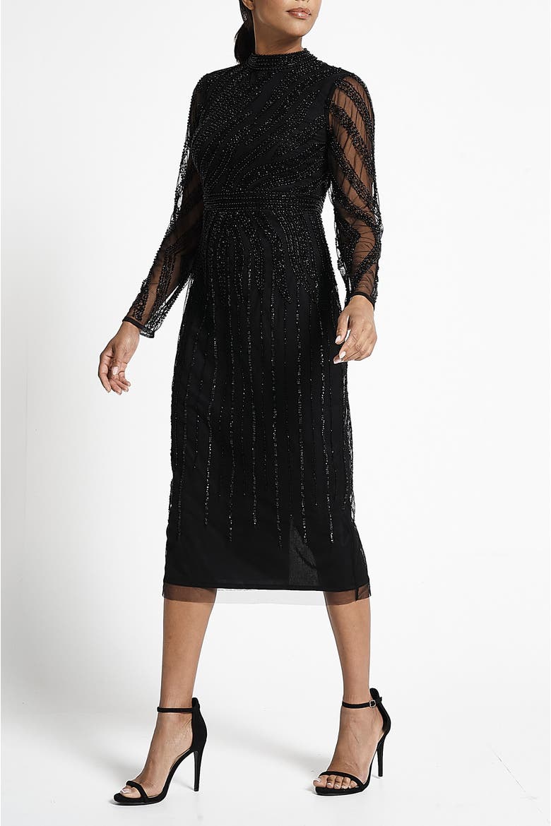 Long Sleeve Embellished Midi Gown, Alternate, color, Black