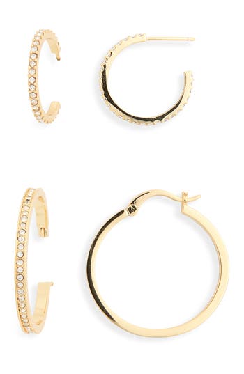 Nordstrom Rack Set Of 2 Cubic Zirconia Hoop Earrings In Clear- Gold