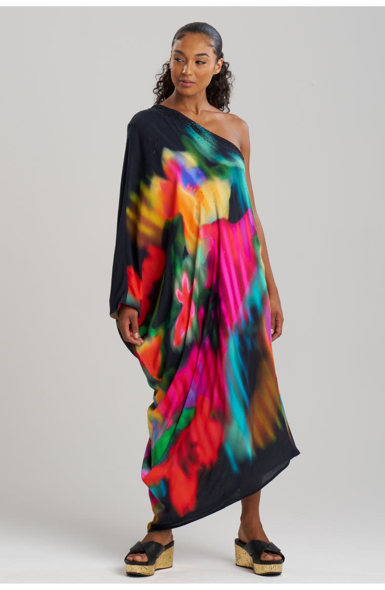 Natori Floral Mirage - Printed Rayon Cover-up One Shoulder Caftan, Main, color, Black