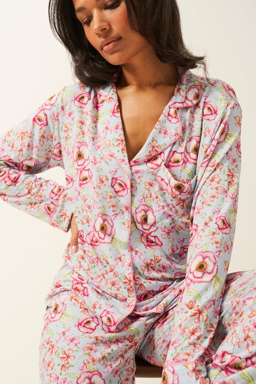 Stripe & Stare Long Pyjama Set In Pastel Poppy