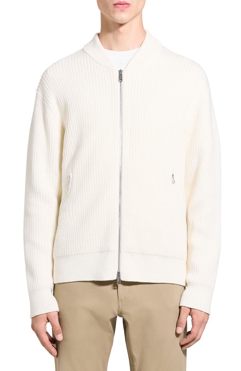 Theory Ryke Cashton Rib Cotton & Cashmere Blend Zip-Up Cardigan, Main, color, Ivory