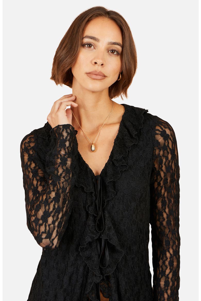 Ruffled Lace Tie Neck Top, Alternate, color, Black