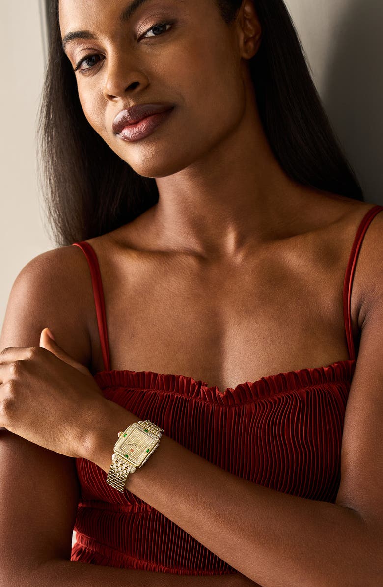 MICHELE Deco Mid Diamond Pavé & Tsavorite Bracelet Watch, 29mm x 31mm, Alternate, color, Gold / Green