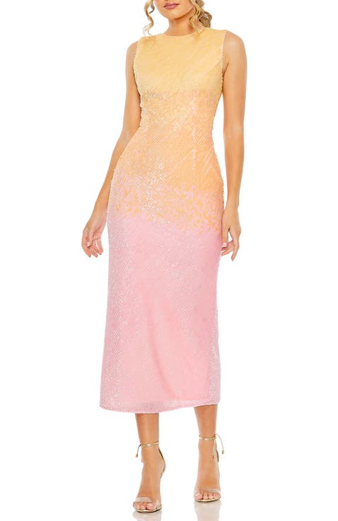 High Neck Ombre Sequin Midi Sheath  Dress