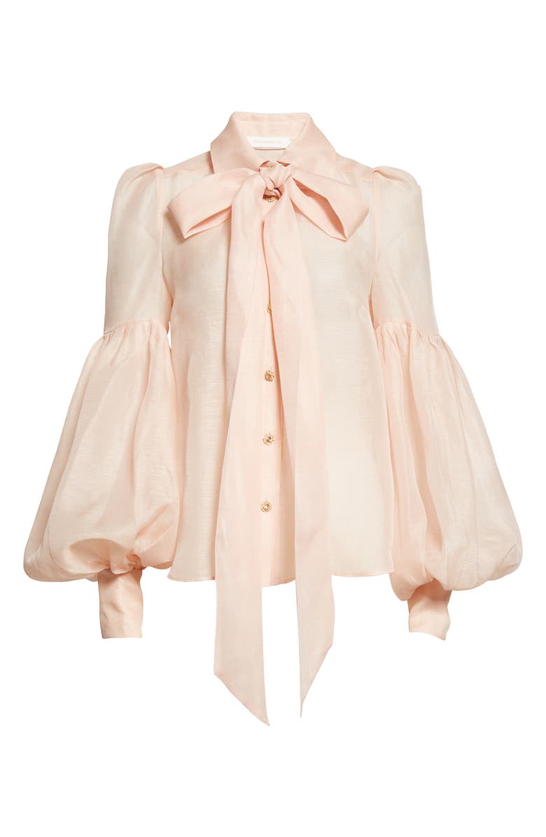 Zimmermann Dancer Tie Neck Linen & Silk Organza Blouse, Alternate, color,
