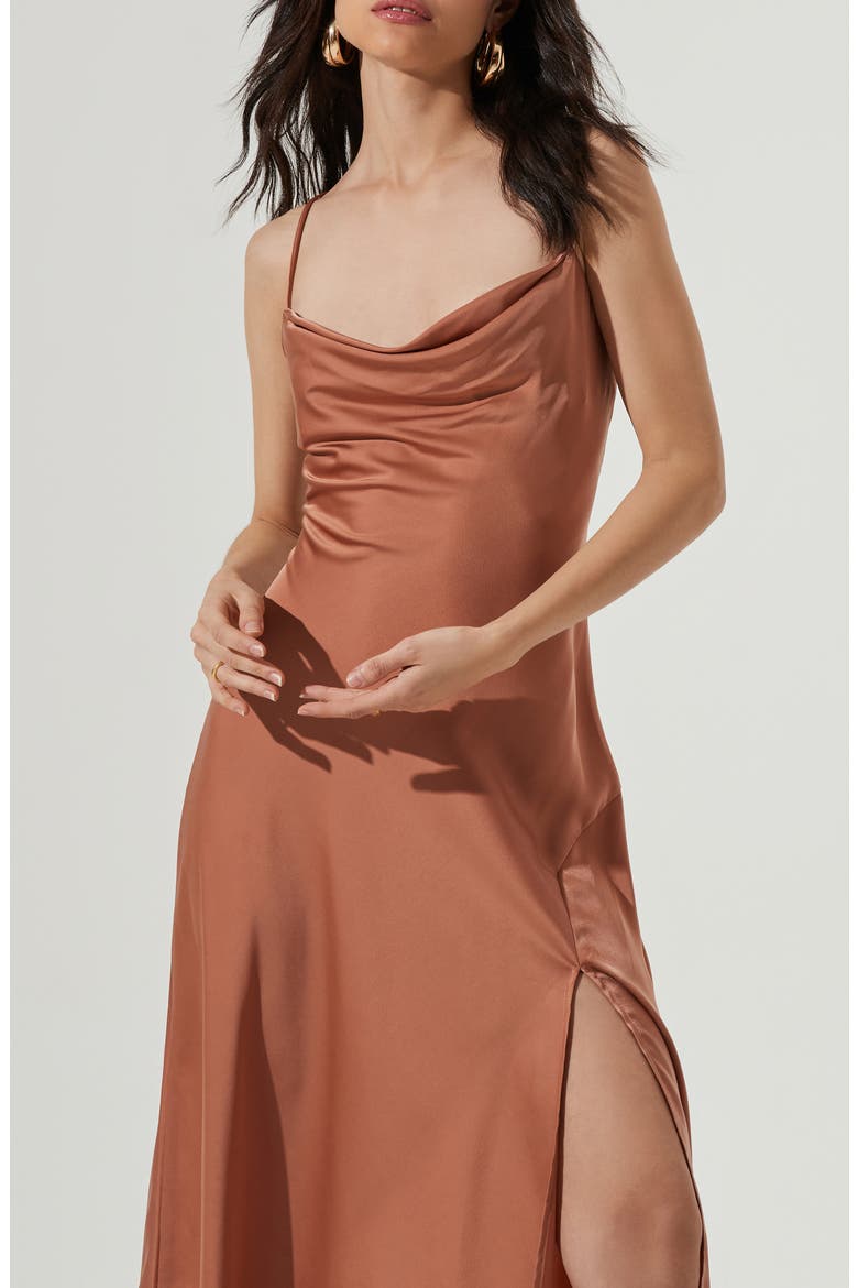 Gaia Cowl Neck Satin Dress, Alternate, color, NUDE