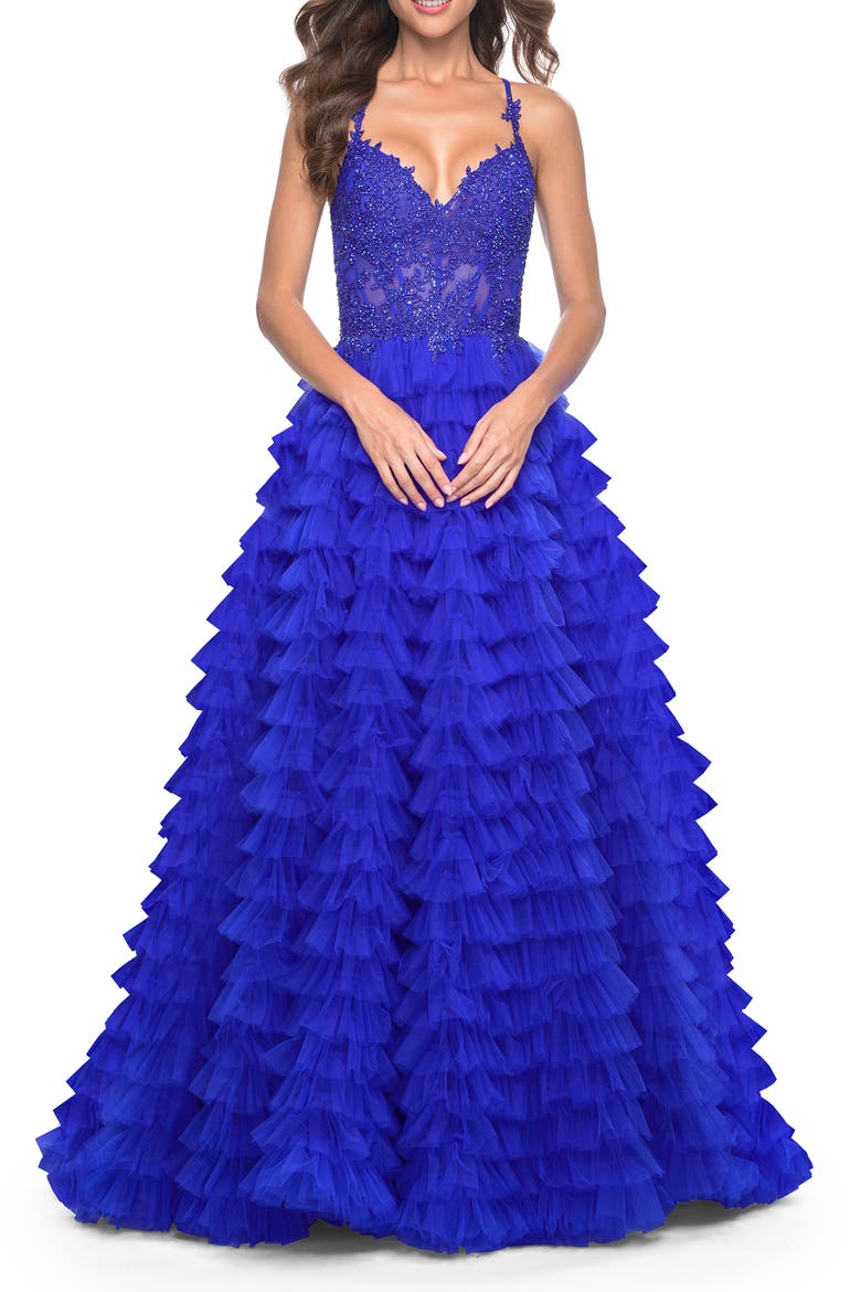 Ruffle Tulle Gown with Illusion Lace Bodice, Main, color, Royal Blue