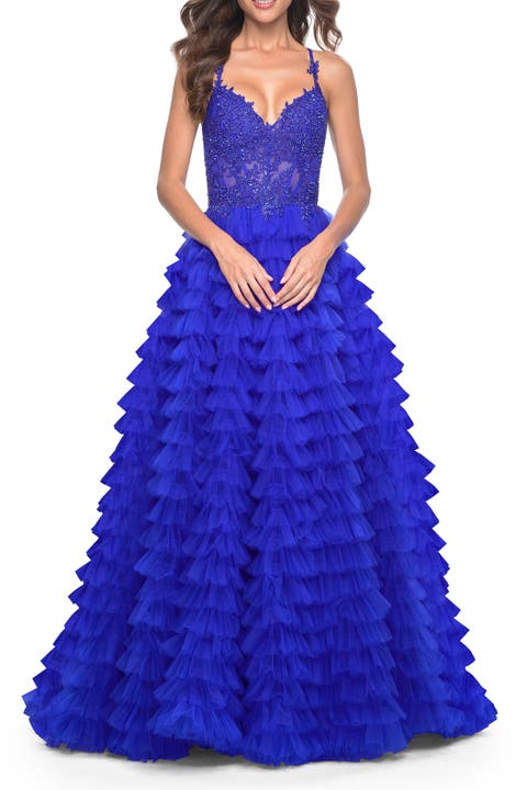 Ruffle Tulle Gown with Illusion Lace Bodice