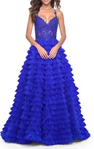 La Femme Ruffle Tulle Gown with Illusion Lace Bodice