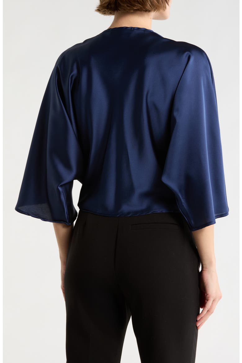 Plunge Neck Long Sleeve Twisted Knot Satin Top, Alternate, color, NAVY