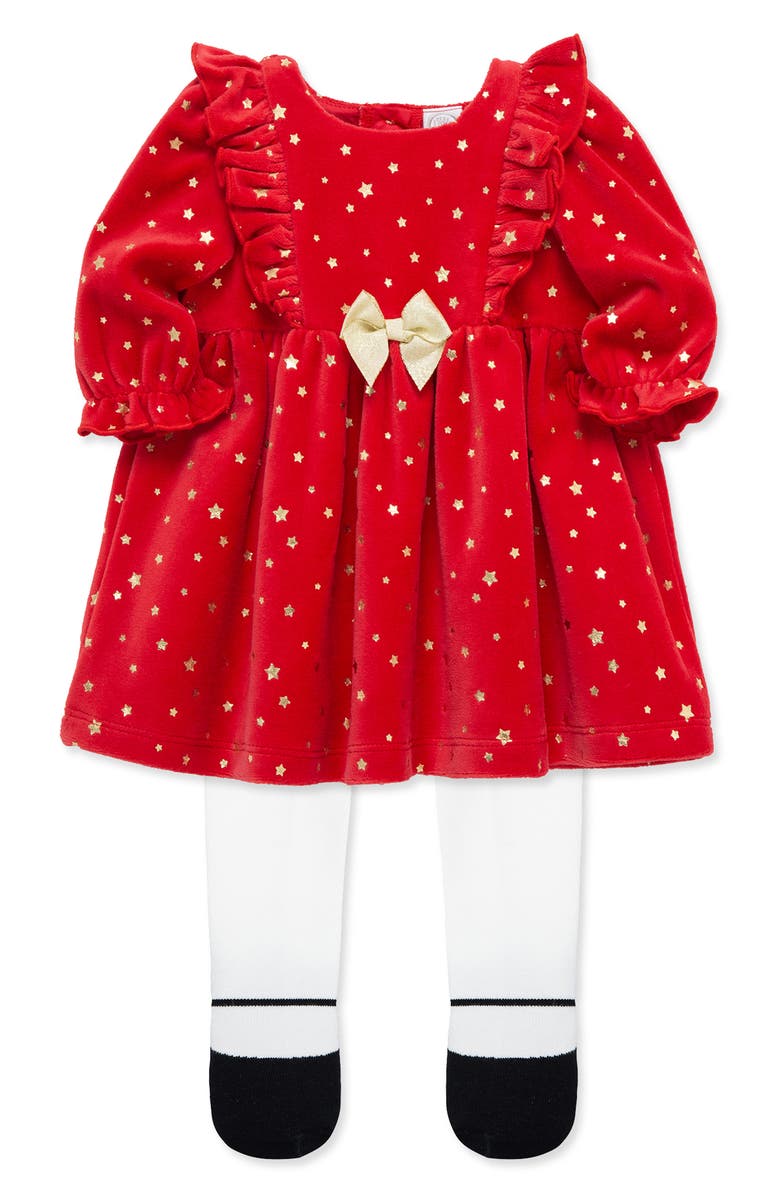 Little Me Foil Stars Long Sleeve Cotton Blend Dress & Tights Set, Alternate, color, Red