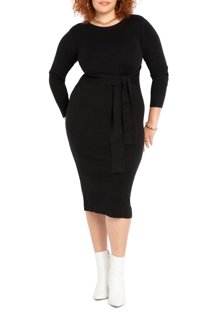ELOQUII Tie Waist Long Sleeve Midi Sweater Dress, Main, color,