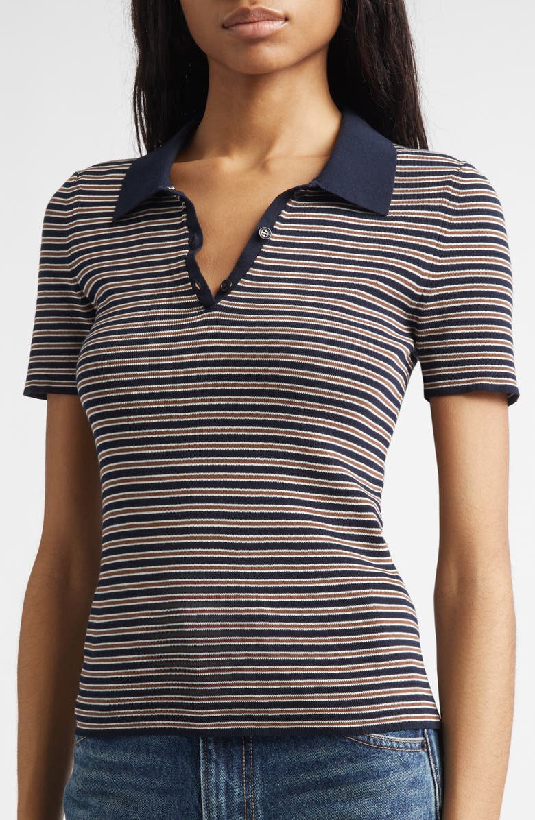 Nili Lotan Gemmatta Stripe Cotton Rib Polo, Alternate, color, Dark Navy/ Brown Stripe